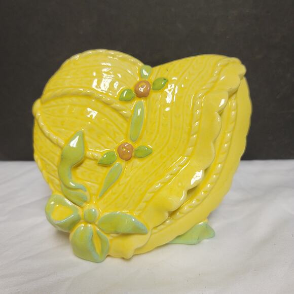 Vintage bonnet planter vase ceramic Hat Yellow green flowers Kitschy Collectible - Picture 1 of 7